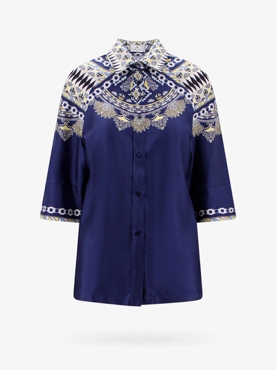 Etro Silk Twill Short Sleeves Classic Shirt In Blue