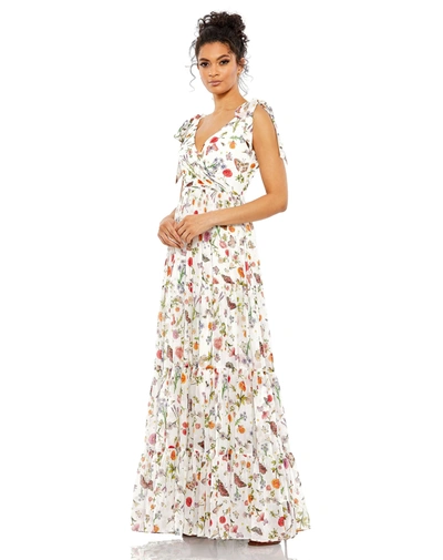 Mac Duggal Floral Print Sleeveless Soft Tie Shoulder Gown In White Multi