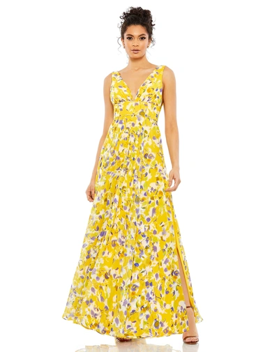 Mac Duggal V Neck Gown In Yellow Multi