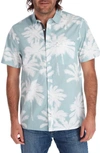 Px Palm Print Short Sleeve Button-up Peached Cotton Poplin Shirt In Seafoam