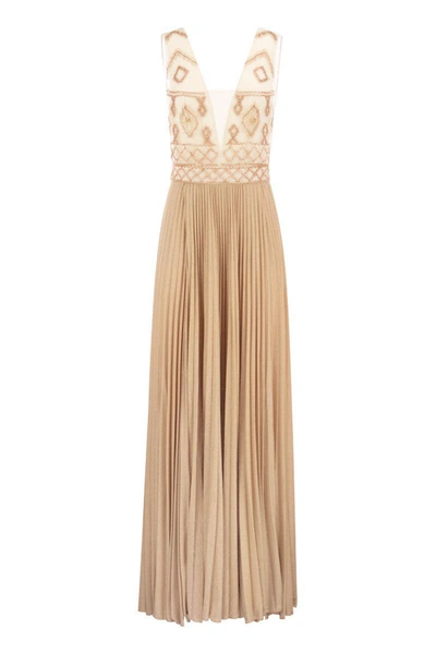 Elisabetta Franchi Red Carpet Dress With Rhombus Embroidery In Beige