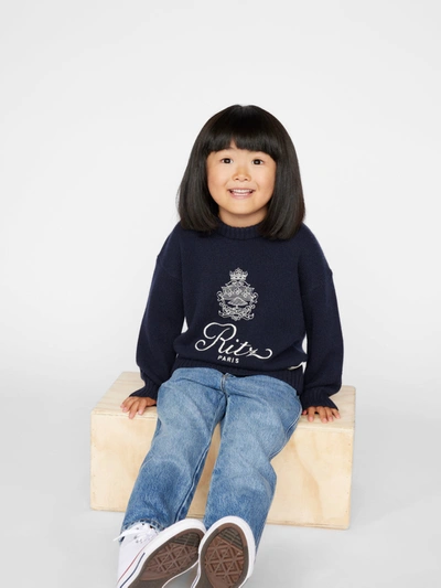 Frame Kids' + Ritz Paris Cropped Embroidered Cashmere Jumper In Navy