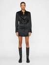 Frame Strong Shoulder Long Sleeve Stretch Silk Minidress In Noir