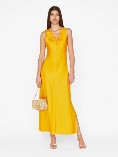 Frame Lace Up Front Midi Dress In Yellow