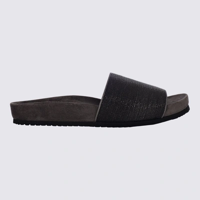 Brunello Cucinelli Silver Monili Slide Sandals For Women With Anatomical Footbed And Leather Sole In Black