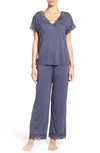 Natori Zen Floral Lace Trim Short Sleeve Pajama Set In Heather Navy Blue