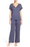Natori Zen Floral Lace Trim Short Sleeve Pajama Set In Heather Blue
