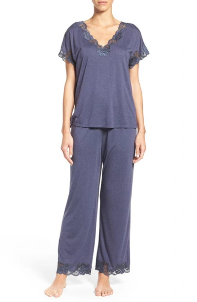 Natori Zen Floral Lace Trim Short Sleeve Pajama Set In Heather Navy Blue