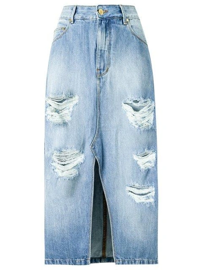 Amapô Distressed Midi Denim Skirt In Blue