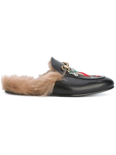 Gucci Black Lion And Pierced Heart Princetown Slip-on Loafers In Black