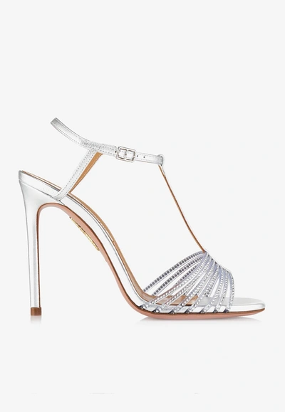 Aquazzura Amore Mio 105 Crystal-embellished Sandals In Leather In Silver