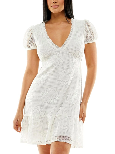 Speechless Juniors Womens Lace Puff Sleeves Fit & Flare Dress In White