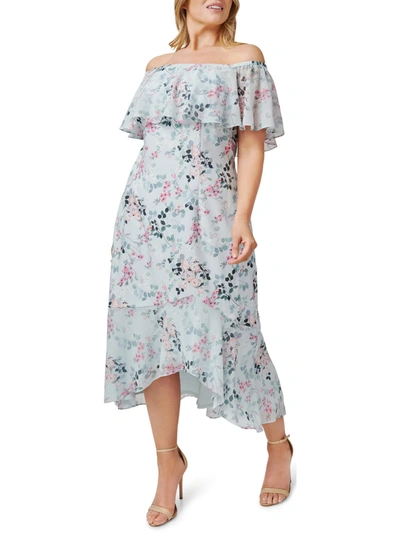Adrianna Papell Plus Womens Floral Printed Calf Midi Dress In Multi
