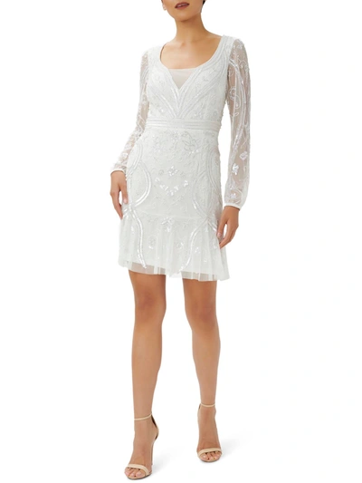 Adrianna Papell Womens Floral Embellished Cocktail And Party Dress In White