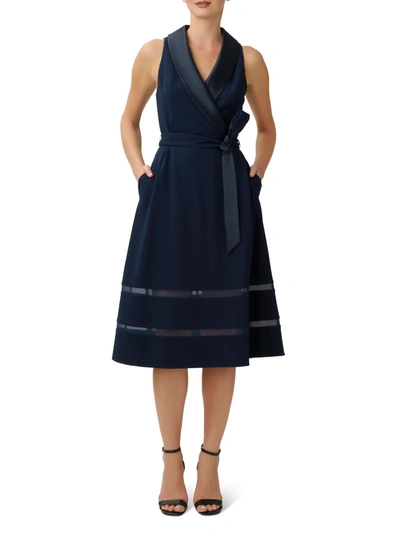 Adrianna Papell Satin Trim Crepe Midi Tuxedo Dress In Midnight