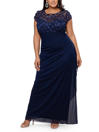 Xscape Plus Womens Floral Gathered Evening Dress In Blue