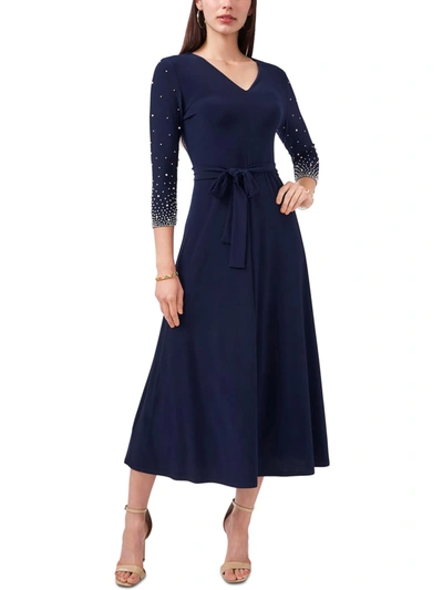 Msk V-neck Beaded Midi Dress In Lovely Navy