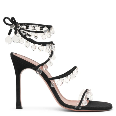 Amina Muaddi Black Tina 105 Crystal Suede Sandals