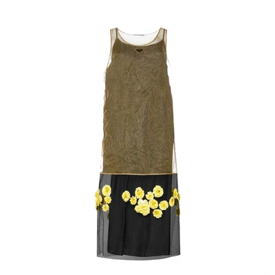 Prada Women's Floral-embroidered Mesh Midi Dress In Gold