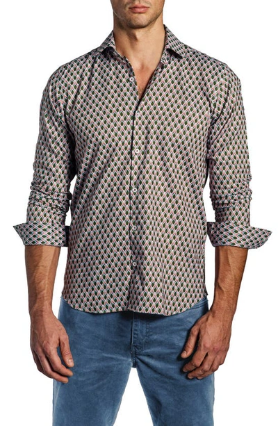 Jared Lang Trim Fit Geometric Pattern Long Sleeve Button-up Cotton Shirt In Tan Multi
