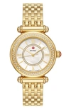 MICHELE 18K GOLD PLATED CABER THREE-HAND DIAMOND BRACELET WATCH, 35MM