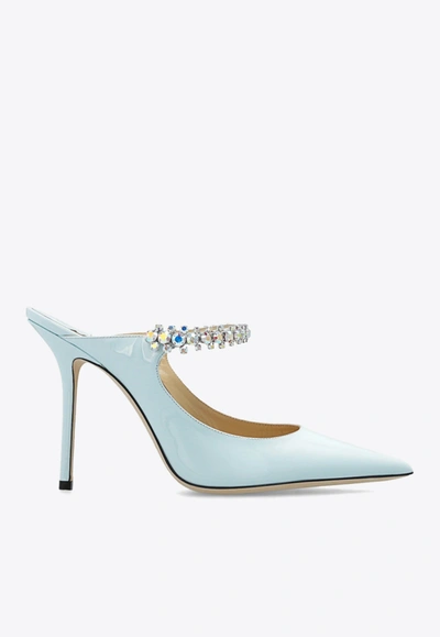 Jimmy Choo Bing 100 Crystal-embellished Mules In Patent Leather In Blue