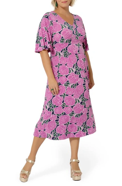 Leota Zoe Floral Print Midi Dress In Purple