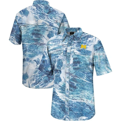 COLOSSEUM COLOSSEUM  BLUE MICHIGAN WOLVERINES REALTREE ASPECT CHARTER FULL-BUTTON FISHING SHIRT