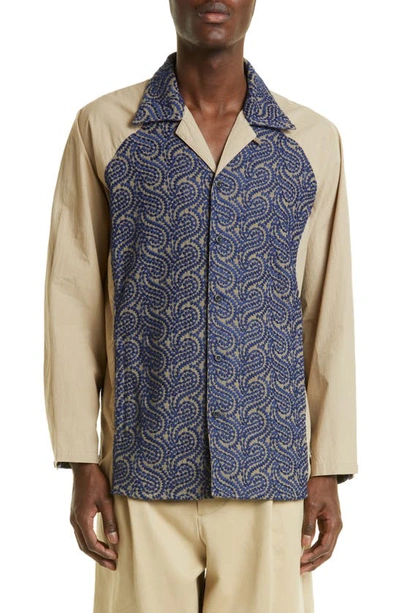 Nicholas Daley Embroidered Raglan Sleeve Button-up Shirt In Beige Navy