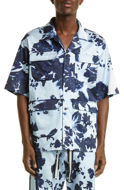 Nicholas Daley Calypso Short Sleeve Button-up Camp Shirt In Ice Blue / Navy