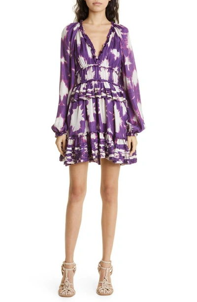 Ulla Johnson Emery Blouson-sleeve Shibori Silk Mini Dress In Cassis Blur