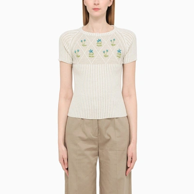 Cormio Embroidered Metallic Ribbed Cotton-blend Sweater In Milk