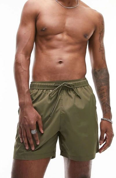 Topman Swim Shorts In Olive-green In Khaki