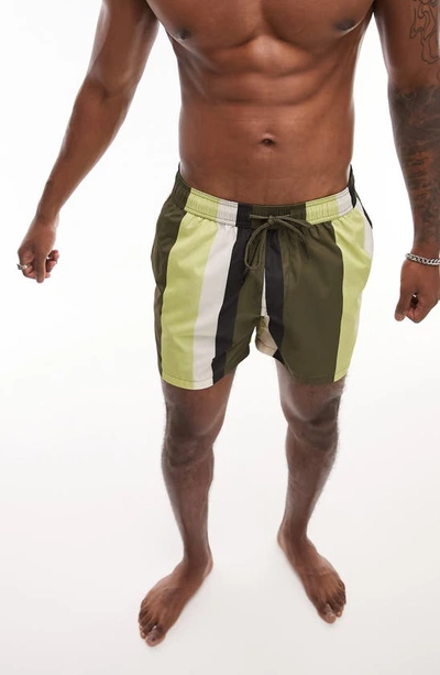 Topman Stripe Swim Shorts In Green