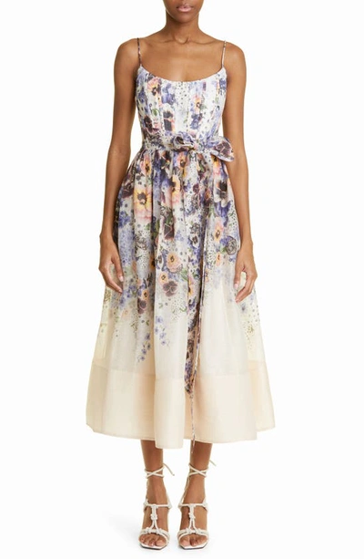 Zimmermann Tama Linen And Silk Corset Midi Dress In Purple