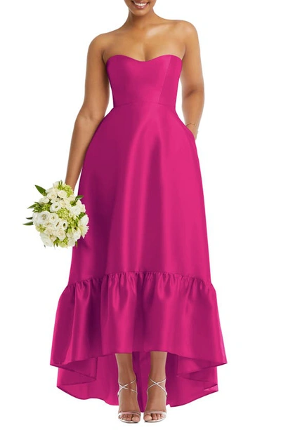 ALFRED SUNG ALFRED SUNG STRAPLESS RUFFLE HIGH-LOW SATIN GOWN