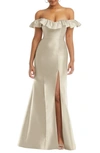 ALFRED SUNG OFF THE SHOULDER RUFFLE SATIN TRUMPET GOWN