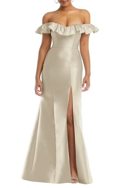 ALFRED SUNG OFF THE SHOULDER RUFFLE SATIN TRUMPET GOWN