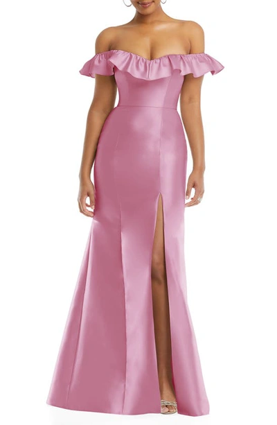 ALFRED SUNG ALFRED SUNG OFF THE SHOULDER RUFFLE SATIN TRUMPET GOWN