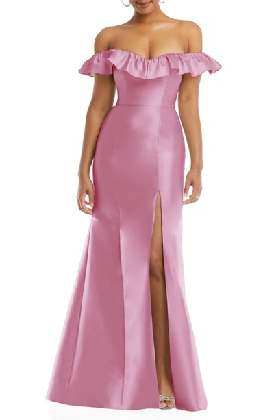 Alfred Sung Off The Shoulder Ruffle Satin Trumpet Gown In Powder Pink