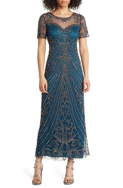 Pisarro Nights Illusion Beaded Mesh Column Gown In Cobalt