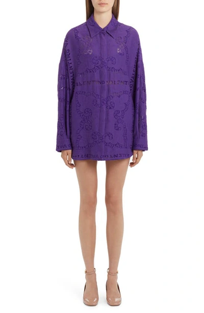 Valentino Embroidered-logo Long-sleeve Dress In Purple