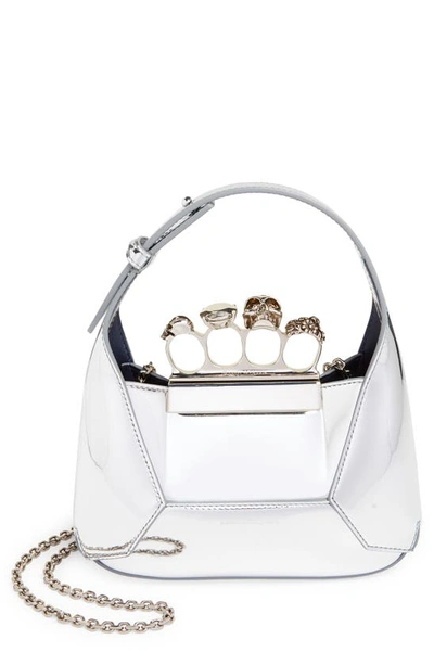 Alexander Mcqueen Mini Jewelled Metallic Faux Leather Hobo In Silver