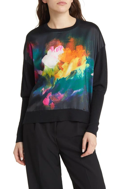 Ted Baker Zahra Printed Woven Front Sweater In Black