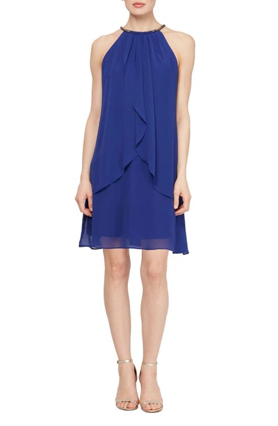 Slny Embellished Neck Chiffon Ruffle Dress In Iris