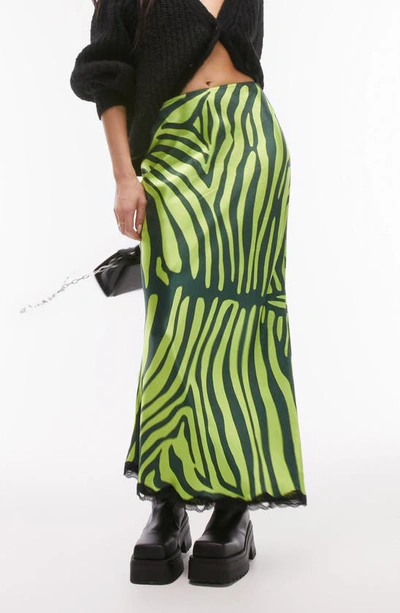 Topshop Zebra Print Satin Midi Skirt In Lime With Black Lace Trim-green