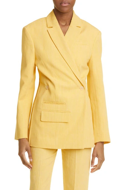 Jacquemus Tibau Linen Double-breasted Blazer In Yellow