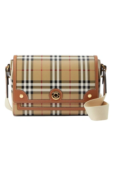 Burberry Note Check Flap Crossbody Bag In Leather Brown