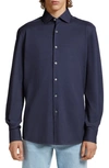 Zegna Button-down Collar Brushed Cotton-twill Shirt In Navy