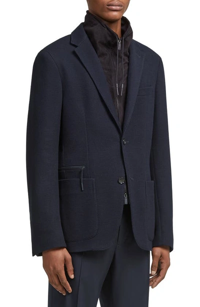 Zegna Striped Wool-blend Jersey Blazer In Navy